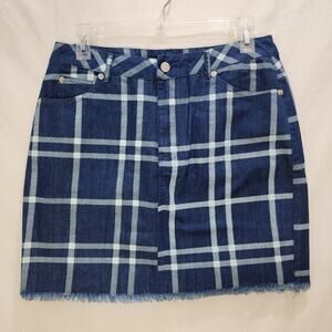 NWOT Umgee Blue White Denim Plaid Frayed Mini Skirt, Size Medium